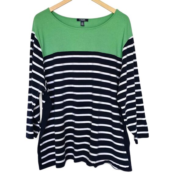 Chaps Striped Top Women Size 3X Navy Blue White Stripe Green Yoke Nautical Comfy - Picture 1 of 13